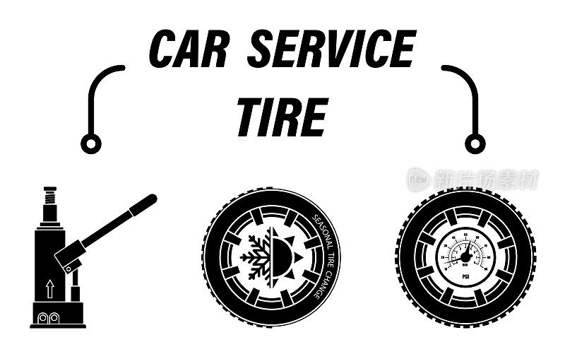 Infographics, car repair service. Car jacking up, seasonal tire change, tire pressure check. Set of vector icons